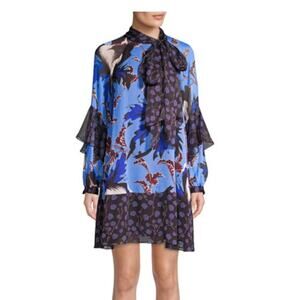 Diane von Furstenberg Designer 100% Silk Floral Blue Long Sleeve Blouse Size M